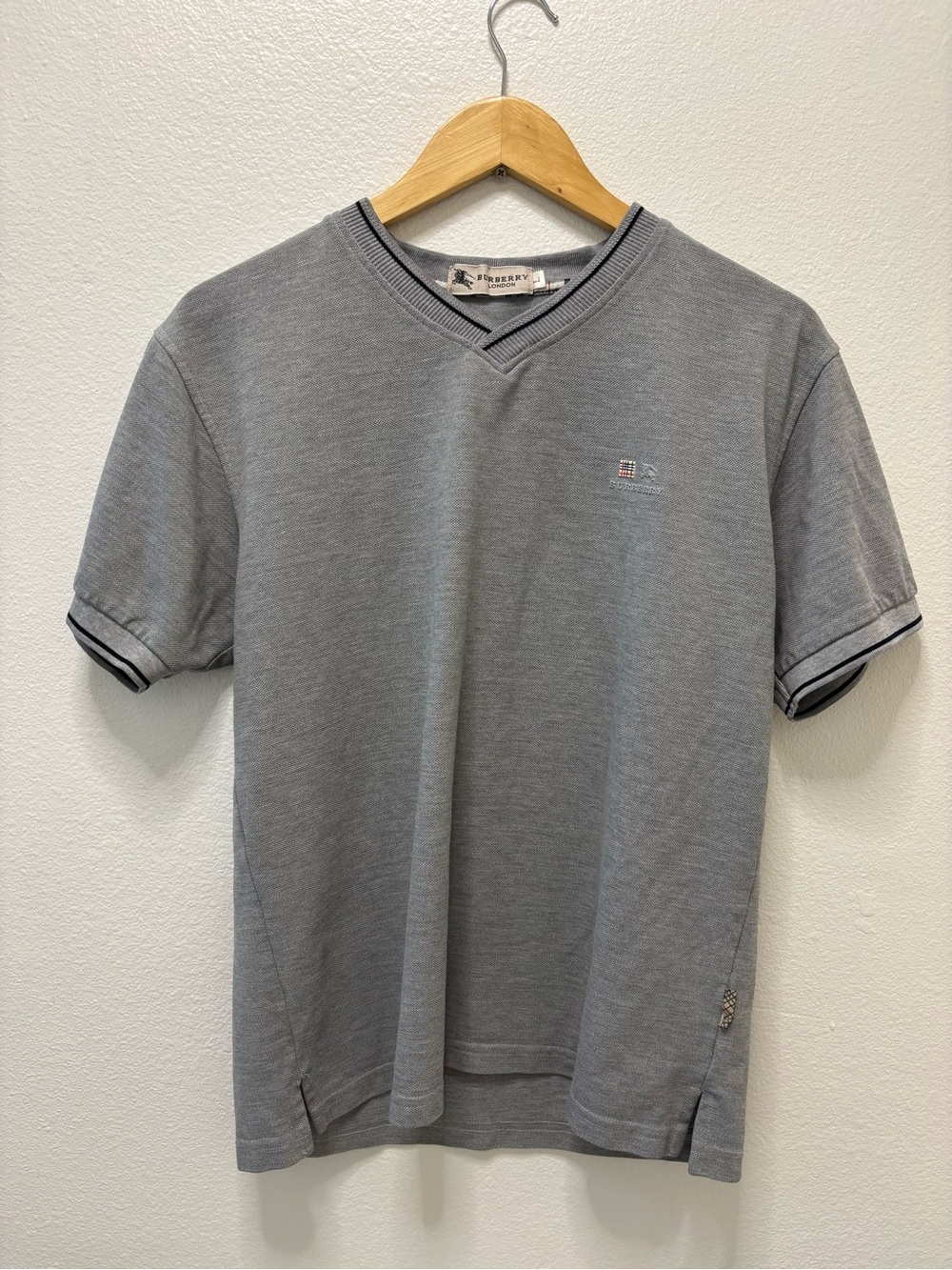 Burberry Gray V-Neck Short Sleeve Polo with Contrast Trim